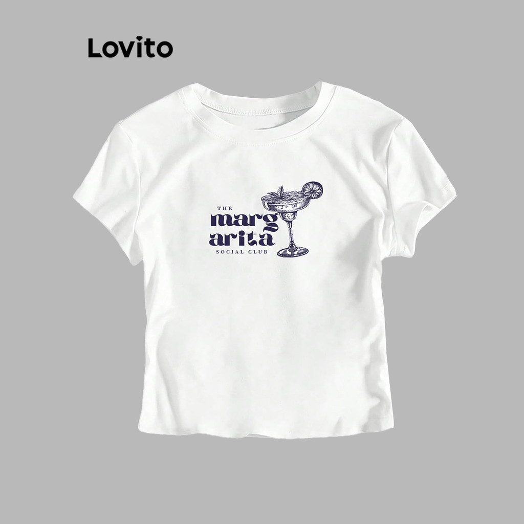 Detalhes do Lovito Camiseta com estampa de letras elegante para mulheres L108ED498