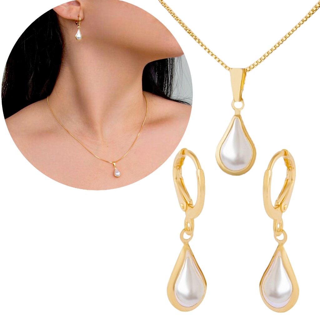 Conjunto Brinco Argola Colar Gota Pérola Semijoia Dourada
