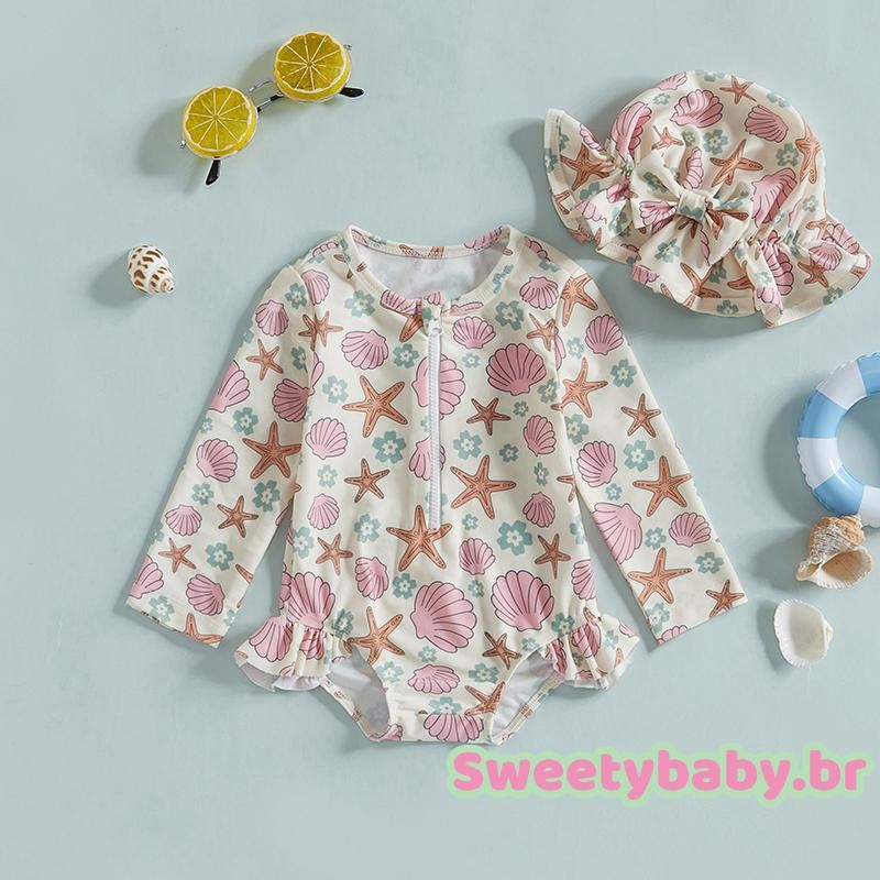 Maiô Infantil Feminino Com Proteção Contra Queimaduras E Estrela Do Mar Zíper Manga Comprida + Chapéu