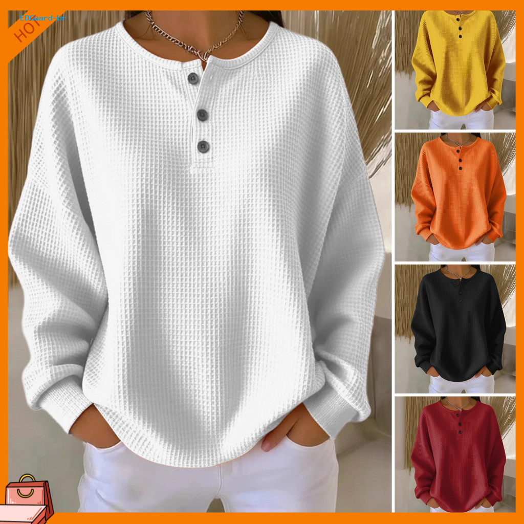 Crew Neck Shirt Women Waffle Knit Tops Women’s Long Sleeve Pullover Top Button Detail Solid Color Blouse for Wear –
