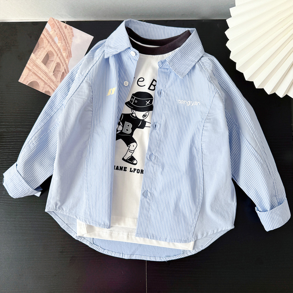 Crianças camisa de manga comprida 2026 primavera outono meninos versão coreana solto listrado topo médio grande meninos 