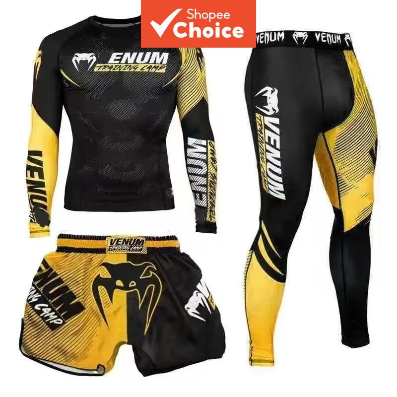 Conjunto de 3 peças Jiu Jitsu MMA camiseta manga longa + calça Bjj + shorts Muay Thai Kickboxing para treino esportivo