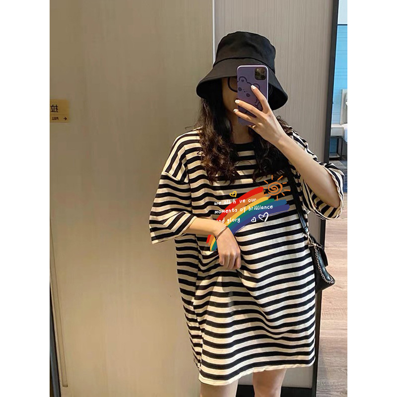 Preto branco listrado camiseta feminina de manga curta 2025 vestido de verão influenciador ins na moda versão coreana ar