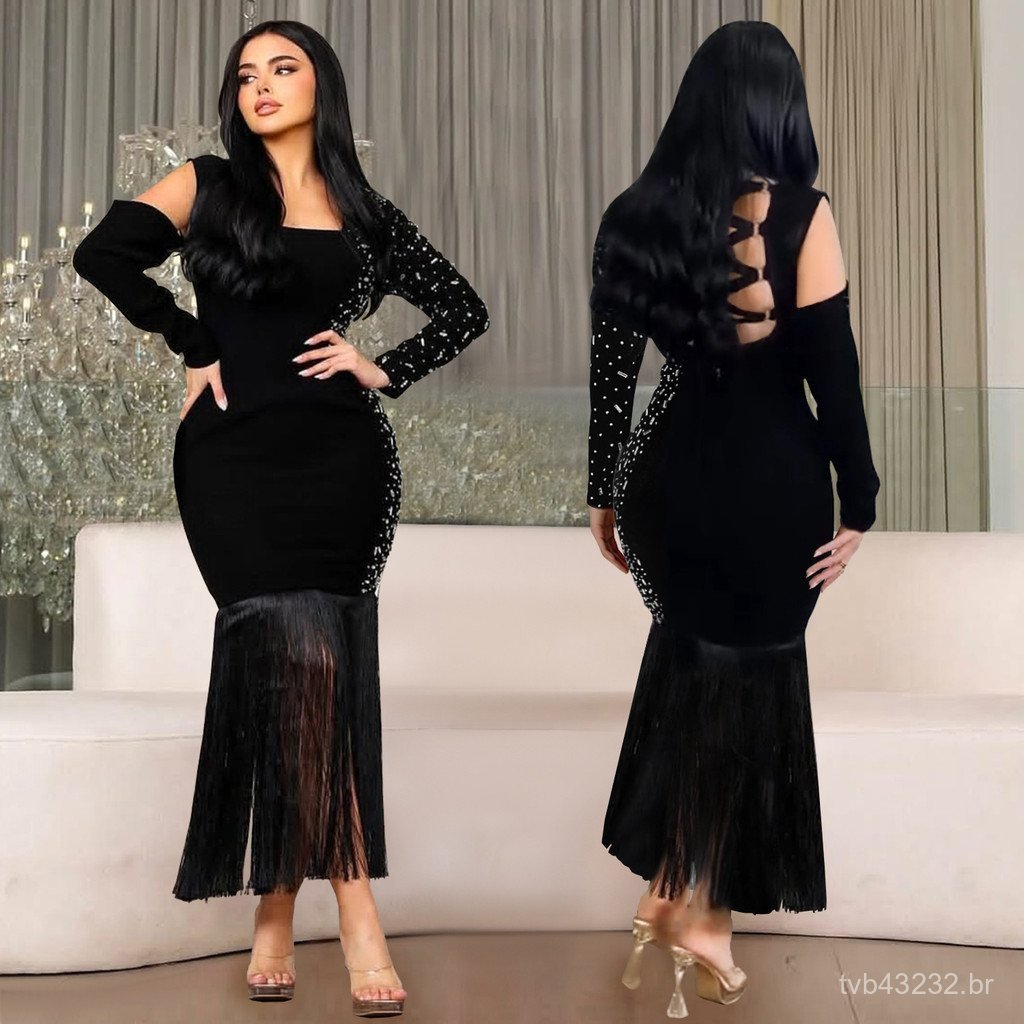Manga comprida diamante braço Sexy c7412 borla europeu americano moda feminina vestido quente
