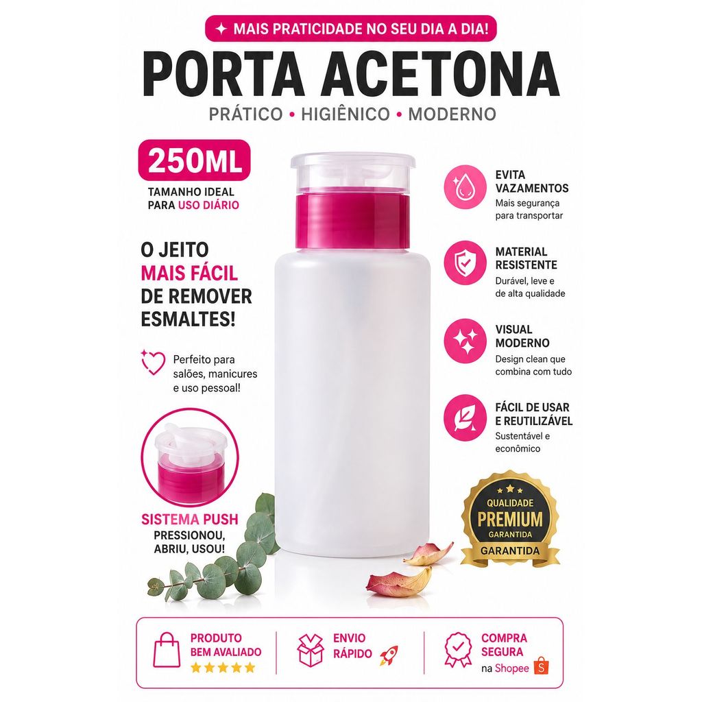 Porta Acetona 250ml Push Down Pump Recarregável | Frasco Dosador para Removedor de Esmalte, Álcool e Maquiagem
