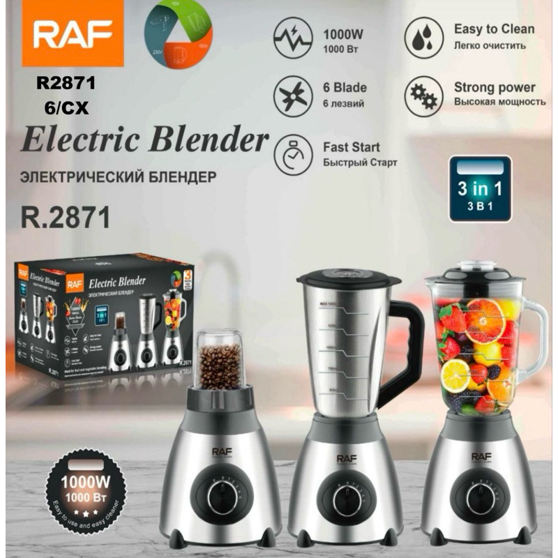 Liquidificador RAF R.2871 3 em 1 1000W com Copo de Vidro, Copo Inox e Moedor