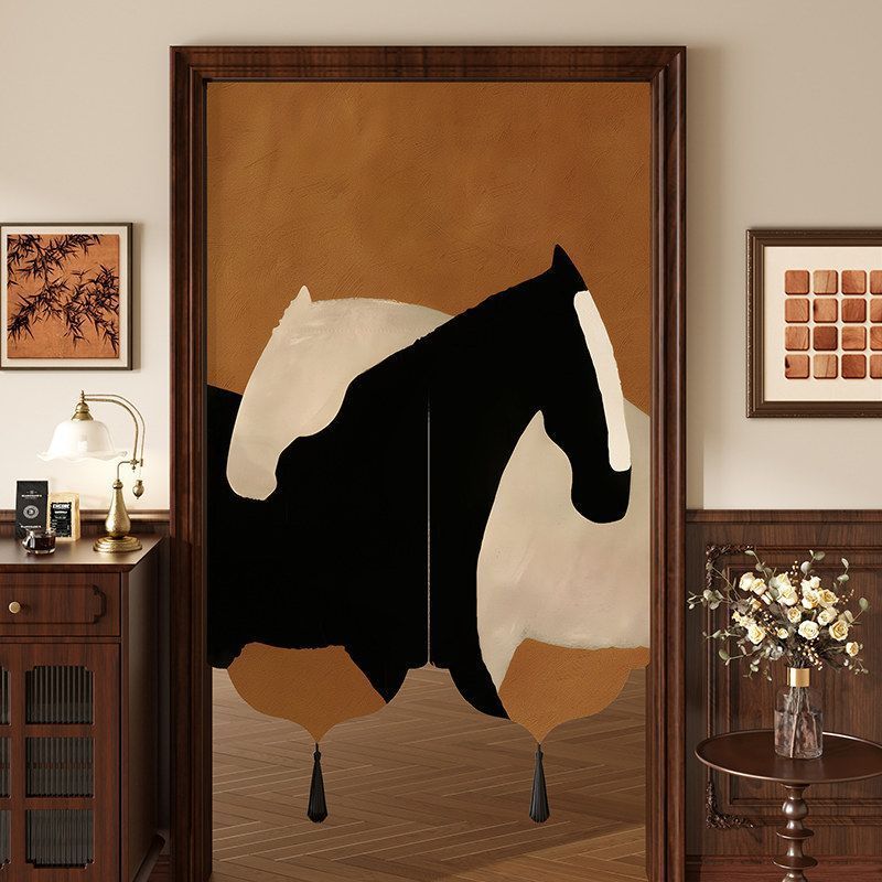 Cortina De Porta Sem Broca Retro Horse Padrão Divisória De Linho Haste Extensível Livre Borla Semi Blackout Divisor De P