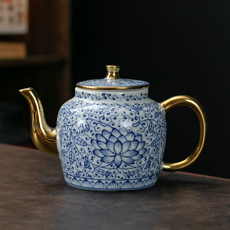 Azul branco festa bule estilo palácio cerâmica bule filtro único pote doméstico flor completa desenho ouro chinês Kung F