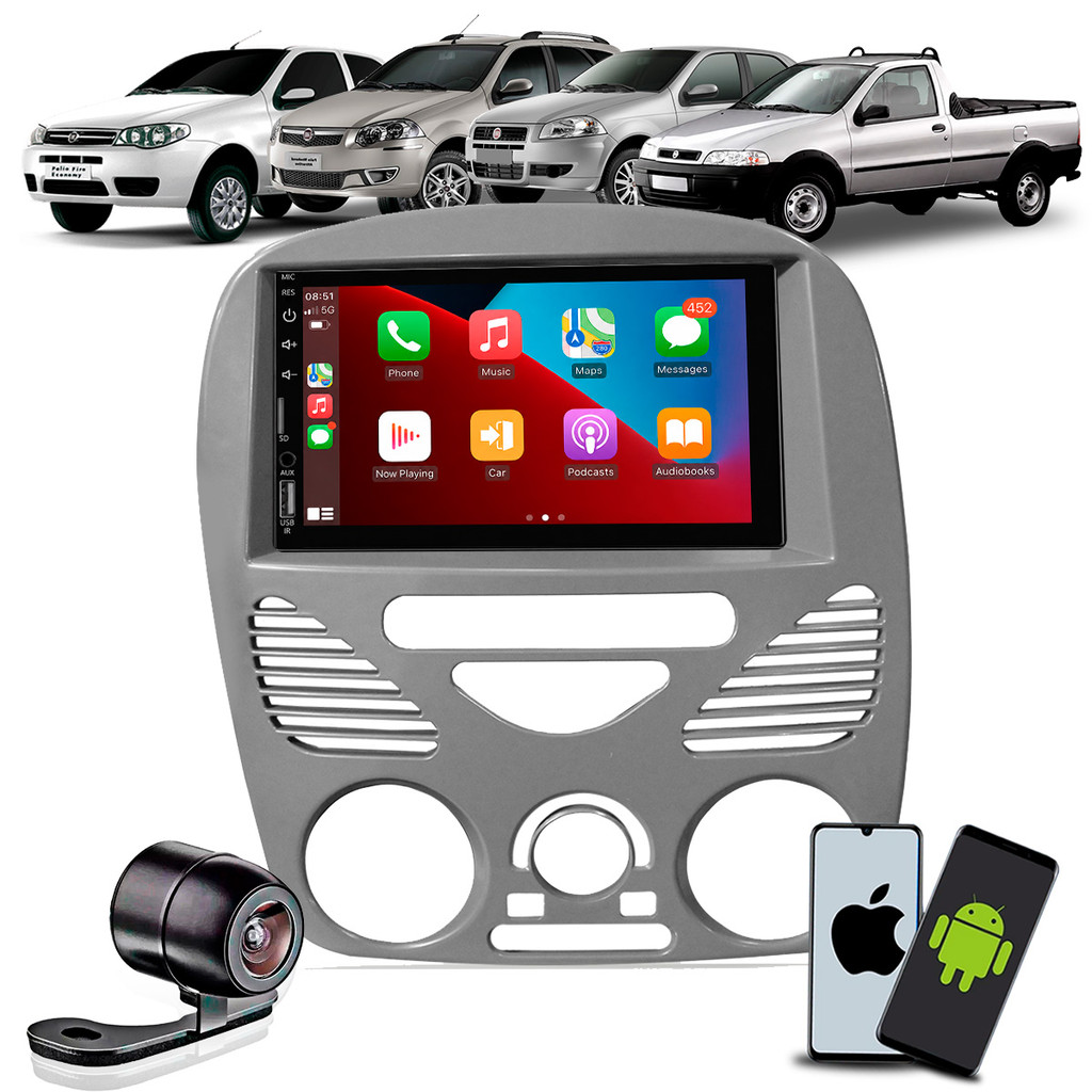 Multimídia 7 Polegadas Carplay Android Auto Bluetooth Palio Siena Strada Palio Weekend 2002 a 2014 + Câmera de Ré