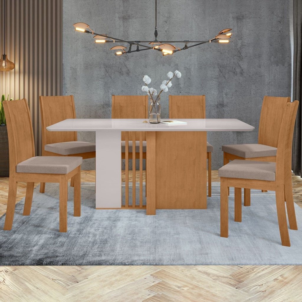 Conjunto Sala de Jantar 6 Lugares Retangular Tampo Vidro/MDF Mesa Astrid e Cadeiras Athenas Amêndoa Clean/Off