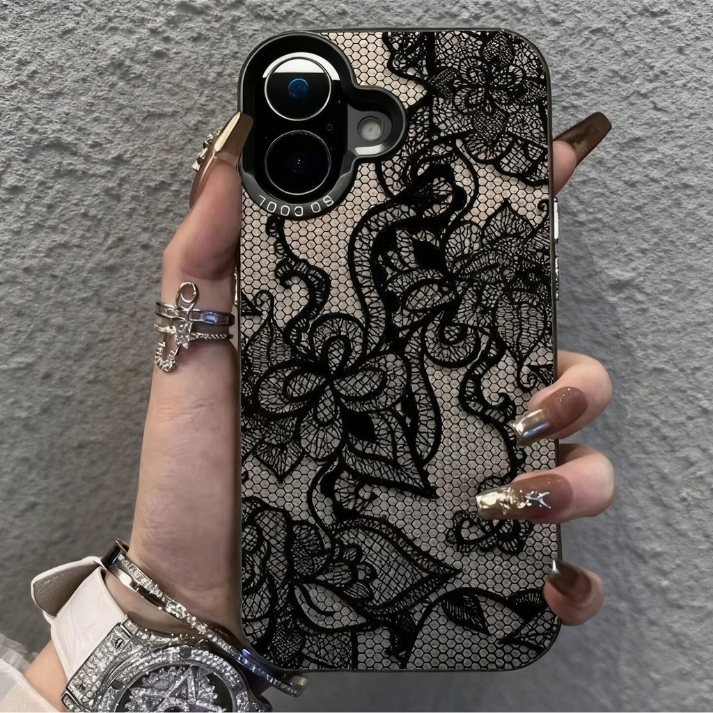 Capa Fosca Anti-Impressão Digital Com Flor De Renda Coquette Para iPhone 17 16 Pro 15 14 13 11 Max