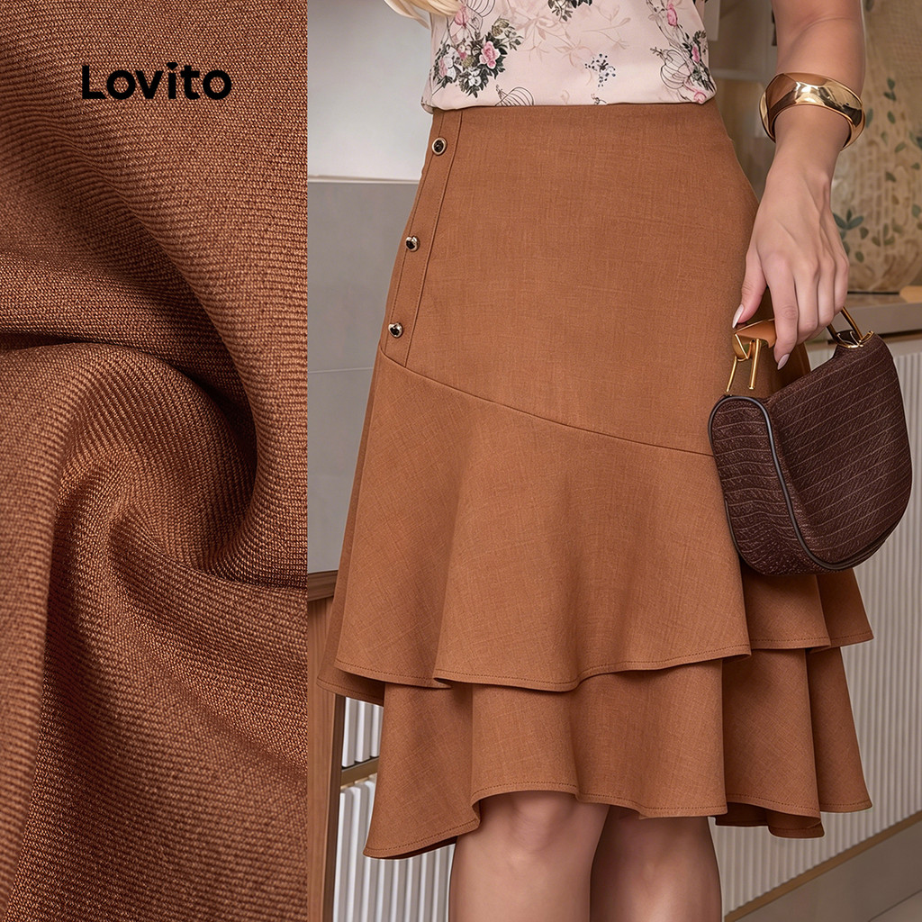 Lovito Saias Elegantes com Zíper Primavera/verão Marrom Saias Femininas LK6LD160