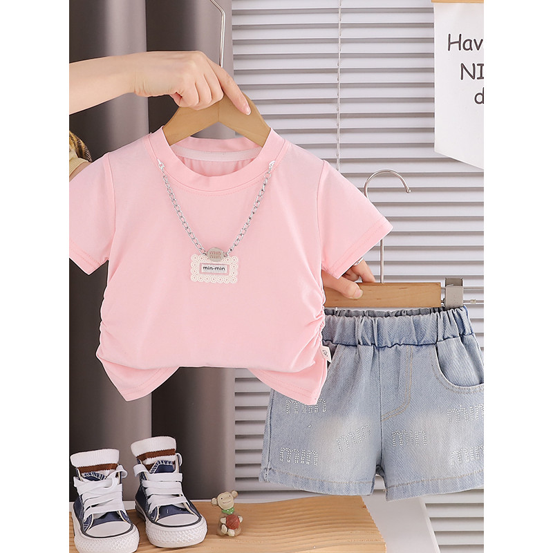 Meninas roupas de verão moda fina manga curta terno de duas peças bebê verão moda versão coreana meninas roupas do bebê