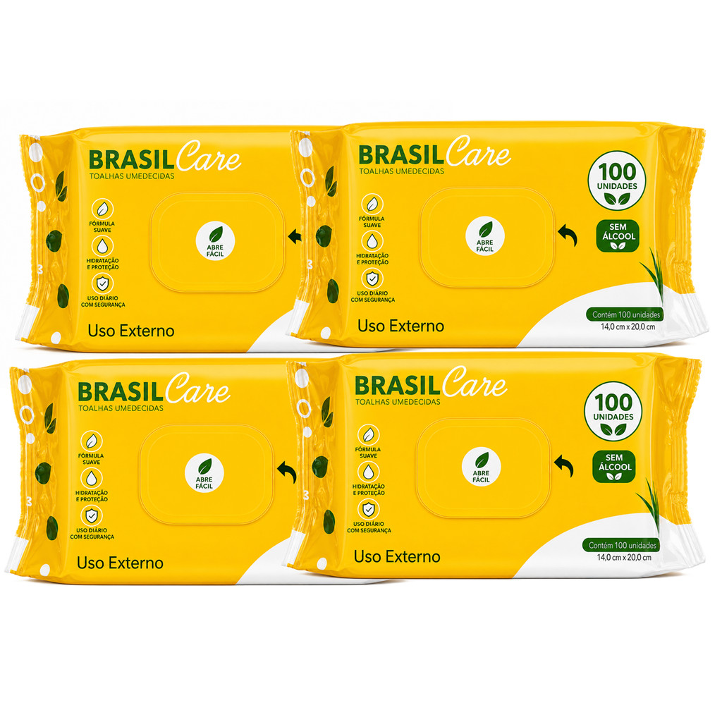 Kit 4 Toalhas Umedecidas Brasil Care 100 Lenços Cada | Limpeza Suave | Sem Álcool | 400 Unidades