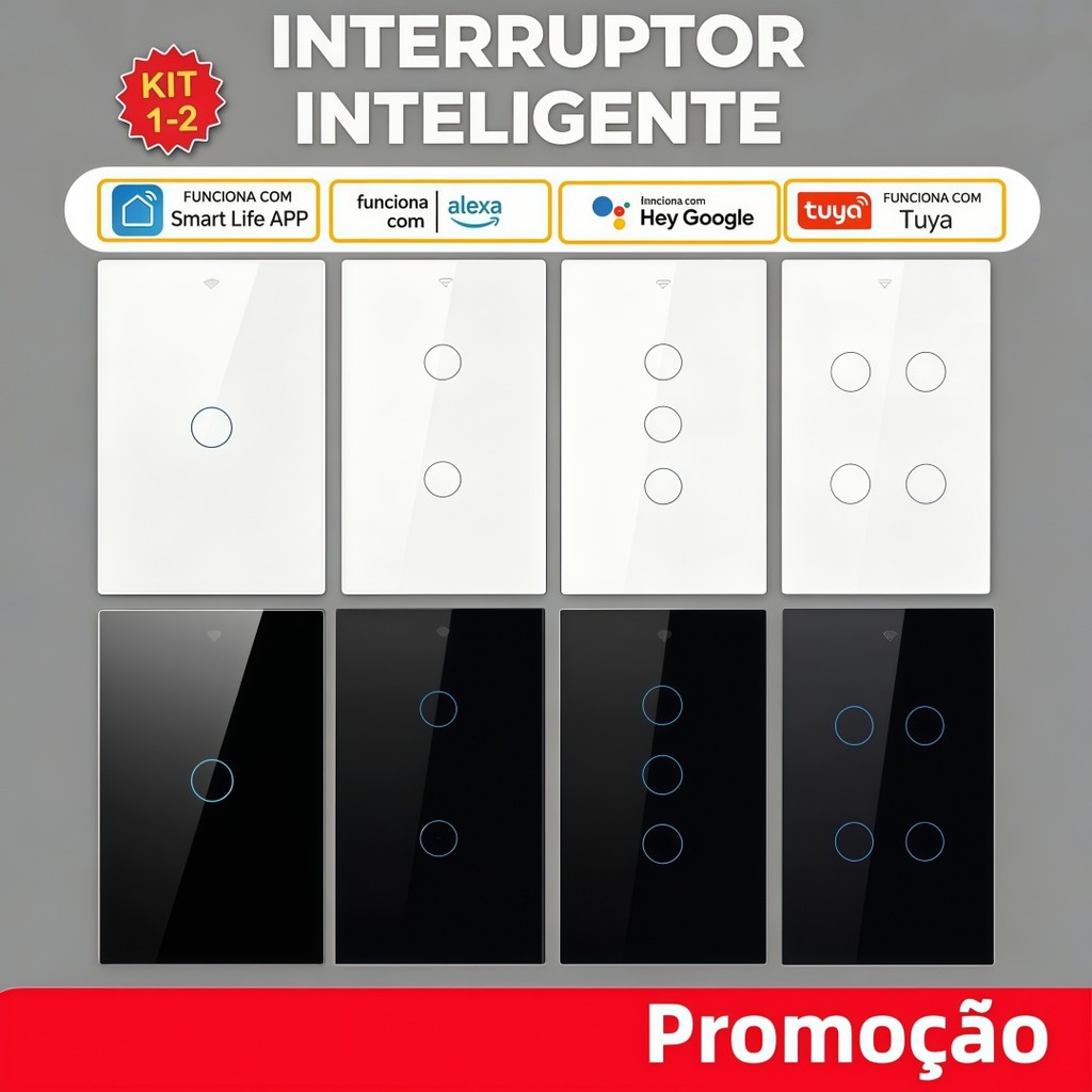 Interruptor Inteligente de Parede 1/2/3/4 Grupos Tuya WiFi | Compatível com Assistentes de Voz para Casa Inteligente