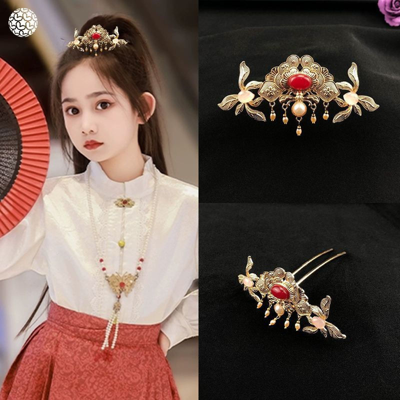 Estilo chinês Hanfu cavalo rosto saia cocar laço de cabelo vermelho cabeça coroa estilo antigo hairpin antigo crianças c