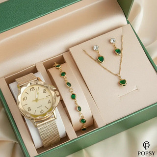 Relógio Feminino+ Kit Colar Brincos Pulseira Folheado A Ouro