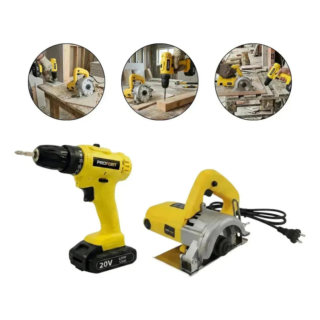 Kit Reforma Profort Serra Mármore 4.3/8 1240W + Furadeira Parafusadeira Sem Fio 20V
