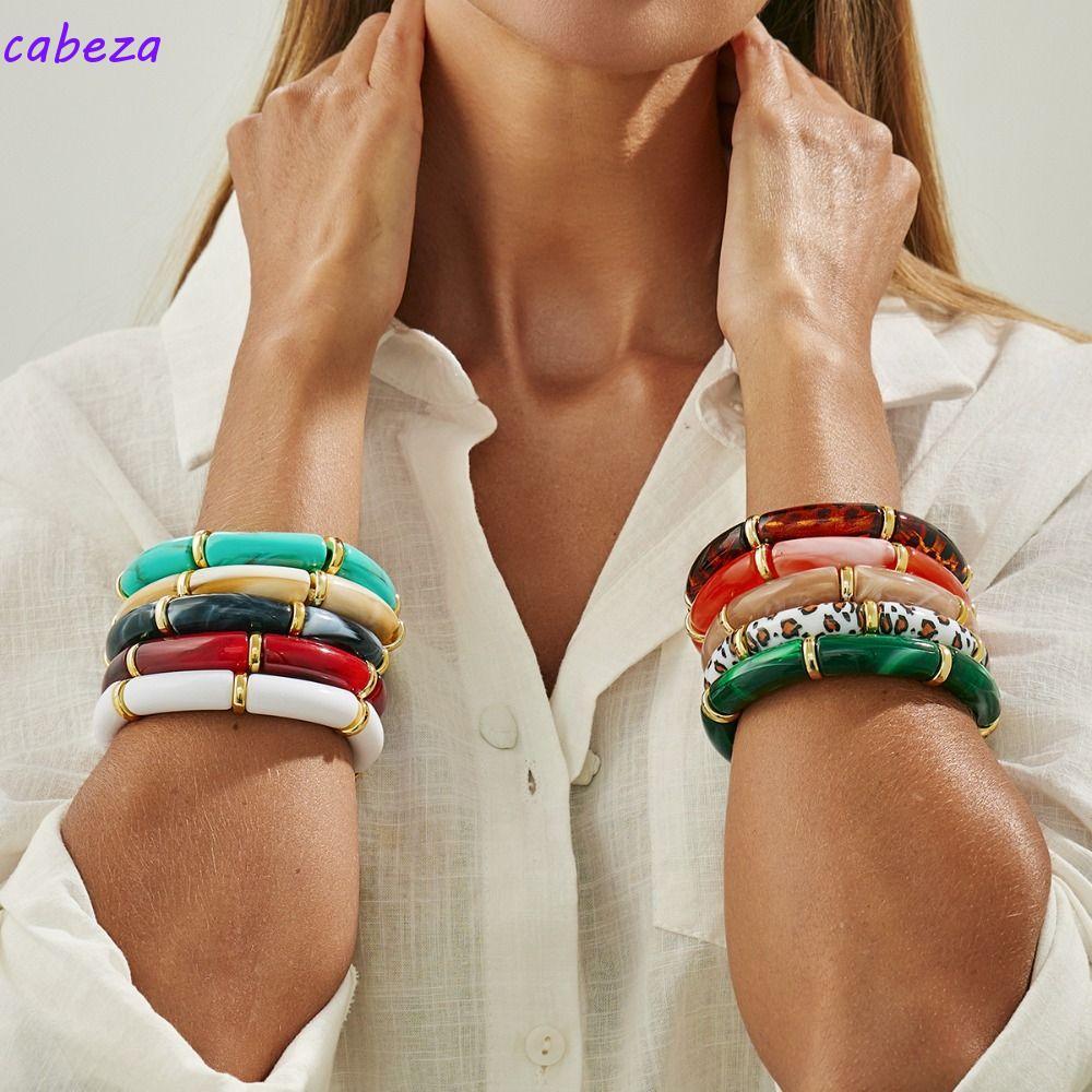 Pulseiras De Acrílico CABEZA , Boho Com Estampa De Leopardo , Pulseira De Tubo Curvo De Bambu De Emenda