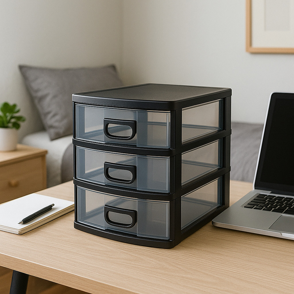 Organizador De Mesa Gaveteiro Micro Porta Tudo 3 Gavetas Cor Preto Gavetas Transparentes