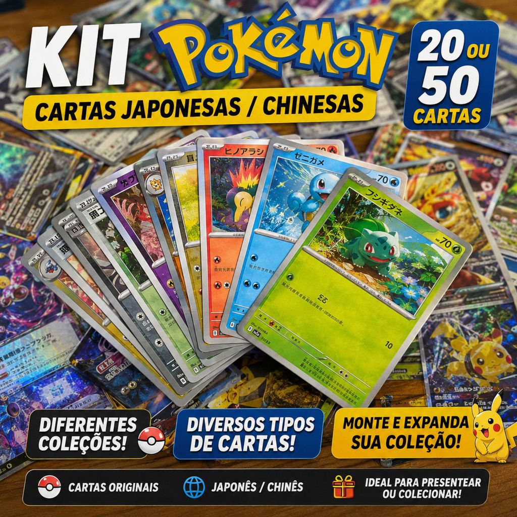 Kit 20 ou 50 Cartas Pokémon Japonesas e Chinesas Sortidas | Diferentes Coleções