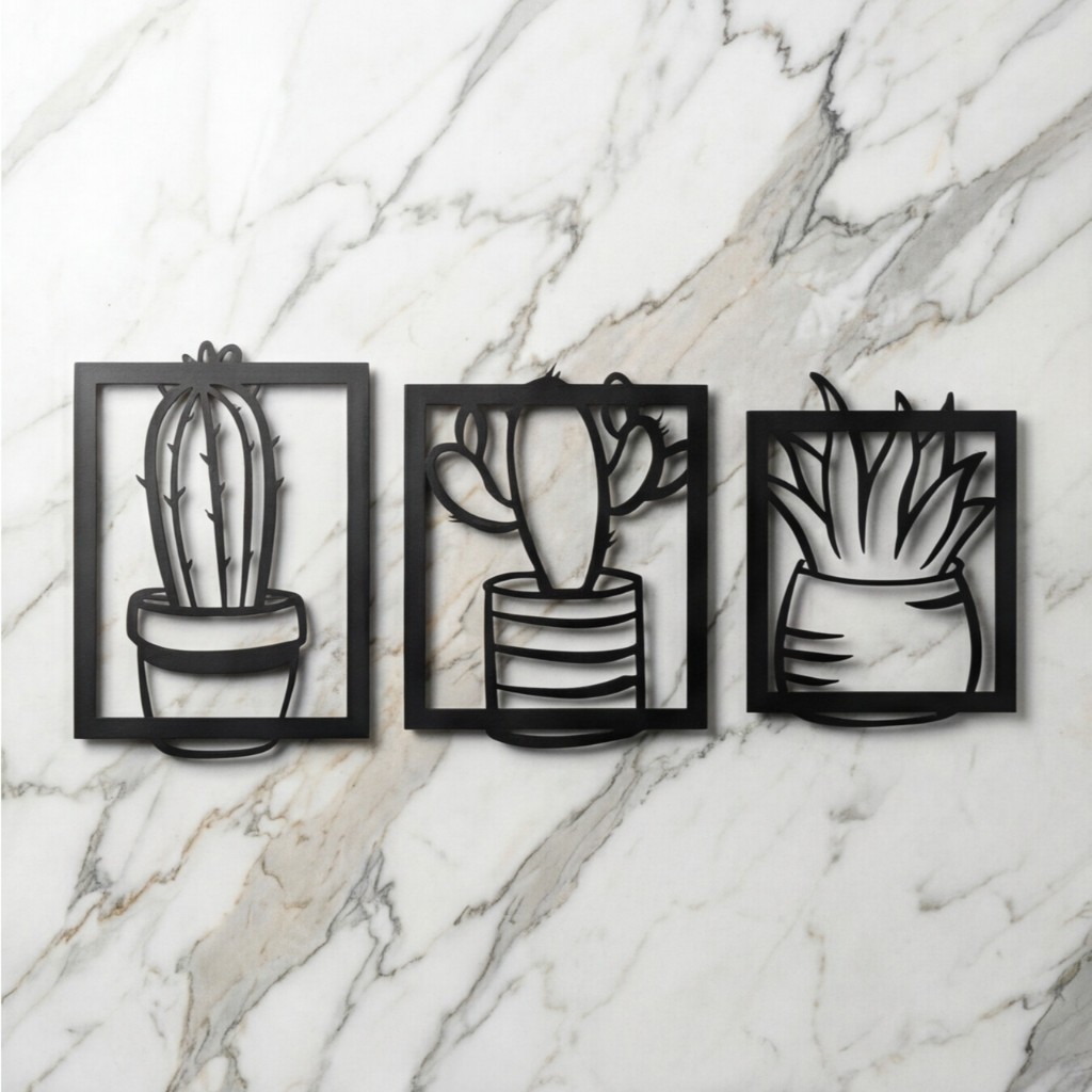Kit 3 Quadros Cactos Suculentas Vazado MDF Preto 3D Decoração Parede Sala Quarto Boho Minimalista