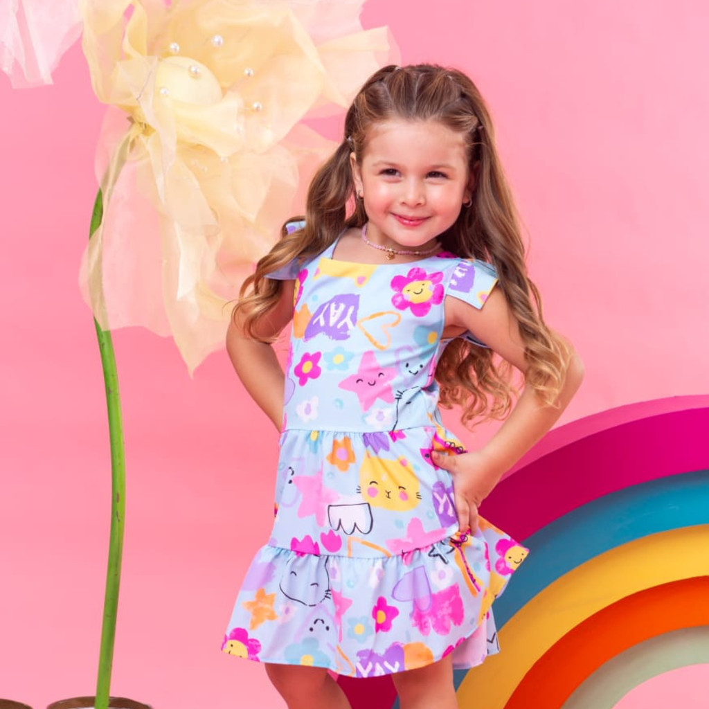 Vestido Infantil Menina Princesa Azul Luxo Estampado Flores Rodado Festa Casual Confortável