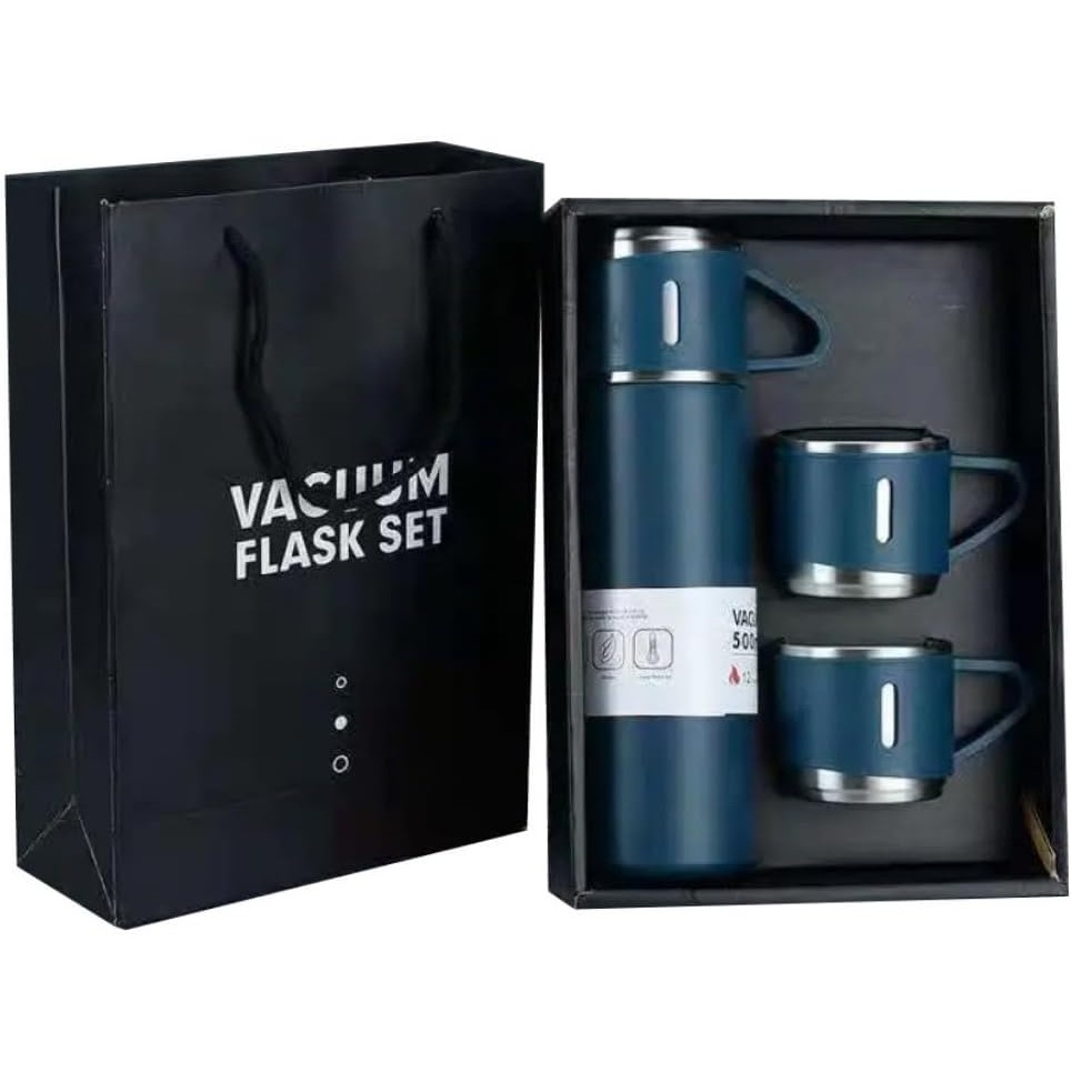 Kit Garrafa Termica Inox Isolada a Vacuo Parede Dupla Com Tampa Caneca e 2 Canecas 500ML Para Quente Gelado