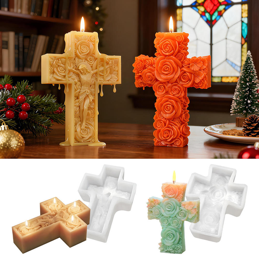 Moldes De Silicone Para Velas Em Formato De Cruz De Rosa Fazer , Molde Cruzadas 3D De Fundição De Resina Grande Cera De