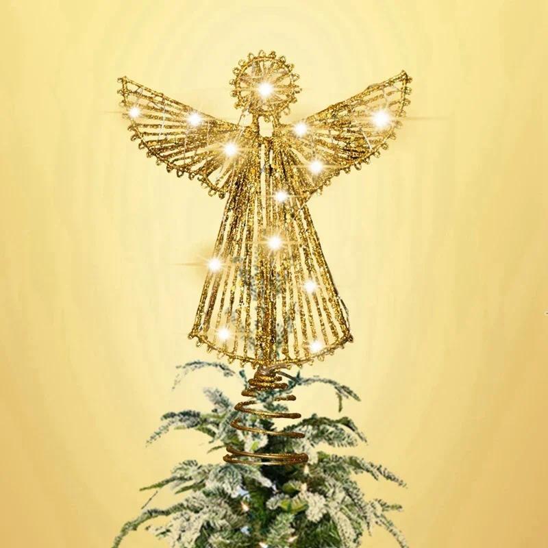 Luz Glitter Metal Ferro Anjo Ornamento Árvore De Natal Topper Decoração Para Casa Navidad Ano Novo Feriado Escritório Em