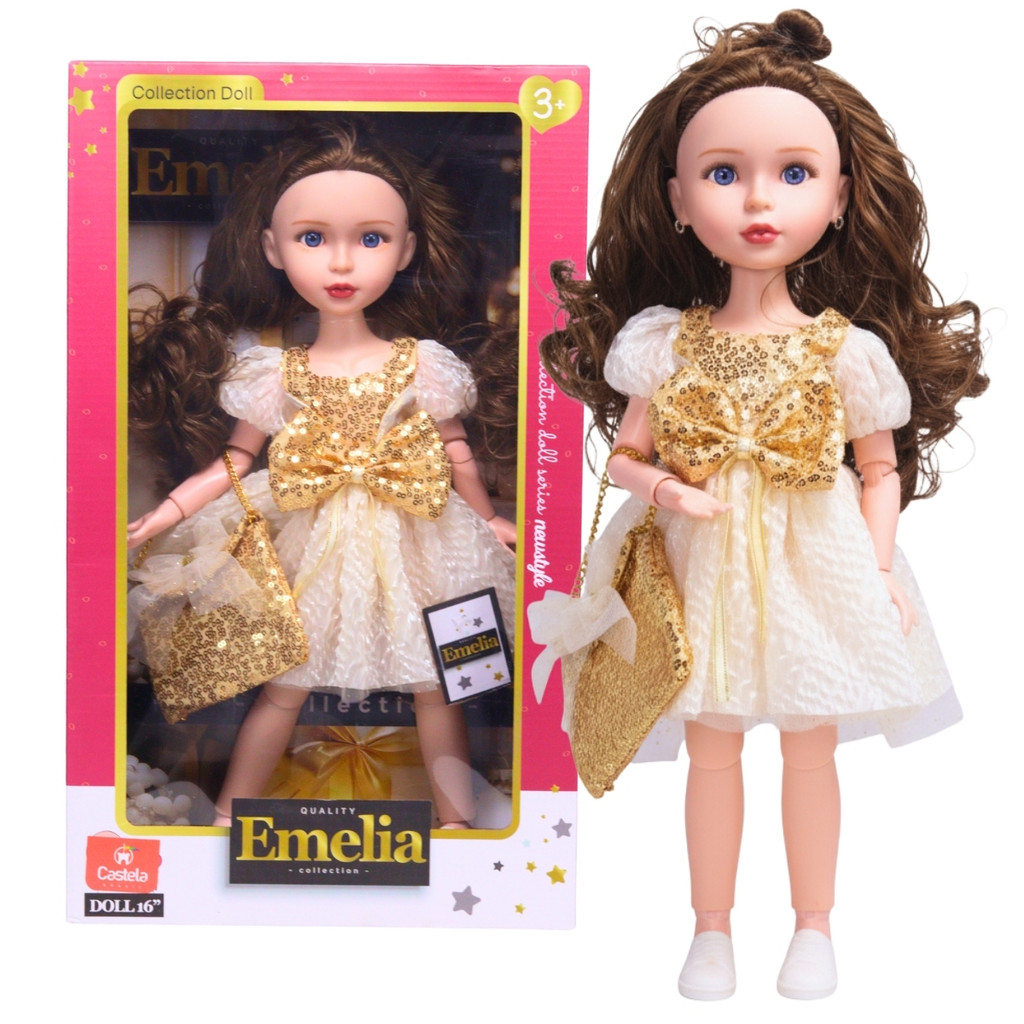 Brinquedo Boneca Articulada Emelia Vestido e Bolsinha Dourado - Castela em Oferta na Shopee