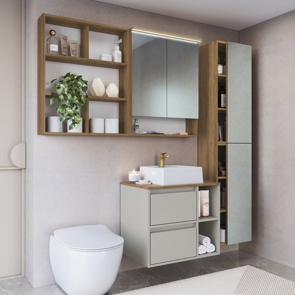 Conjunto para Banheiro 5 Peças com Iluminação em Led e Cuba 156cm Cb.bn8005 Mel/Arenas em Oferta na Shopee