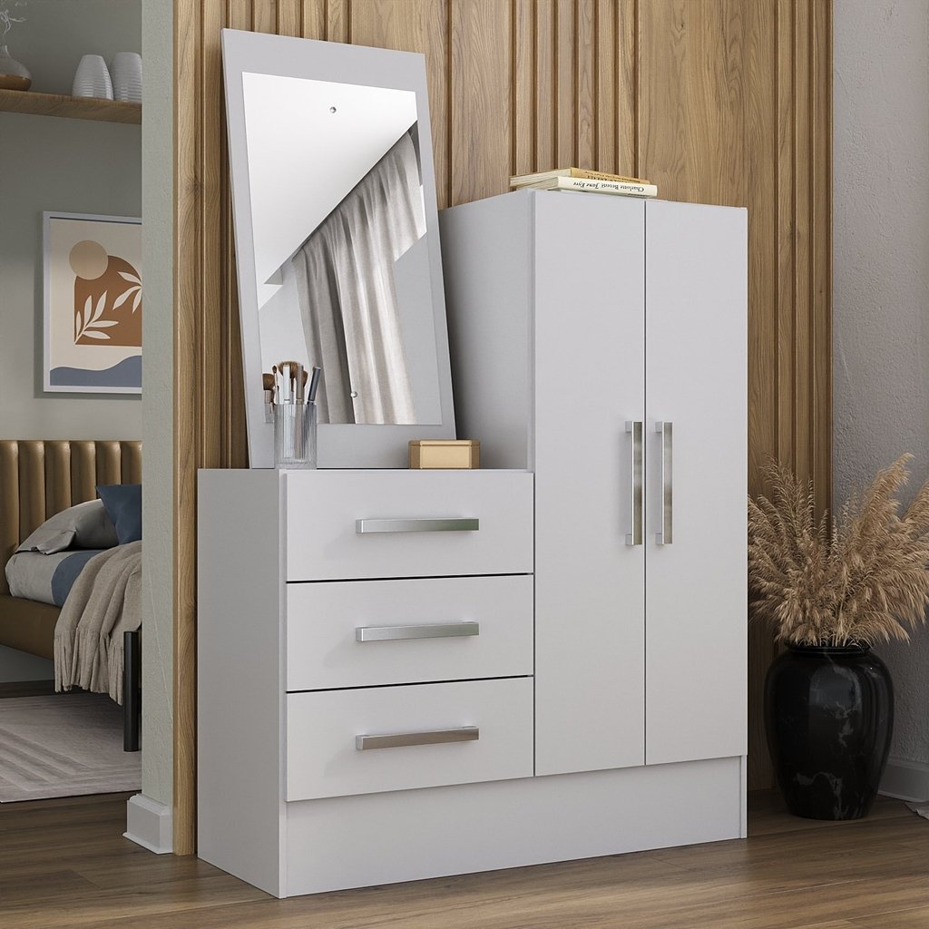 Cômoda 2 Portas 3 Gavetas com Espelho Dunas Branco em Oferta na Shopee