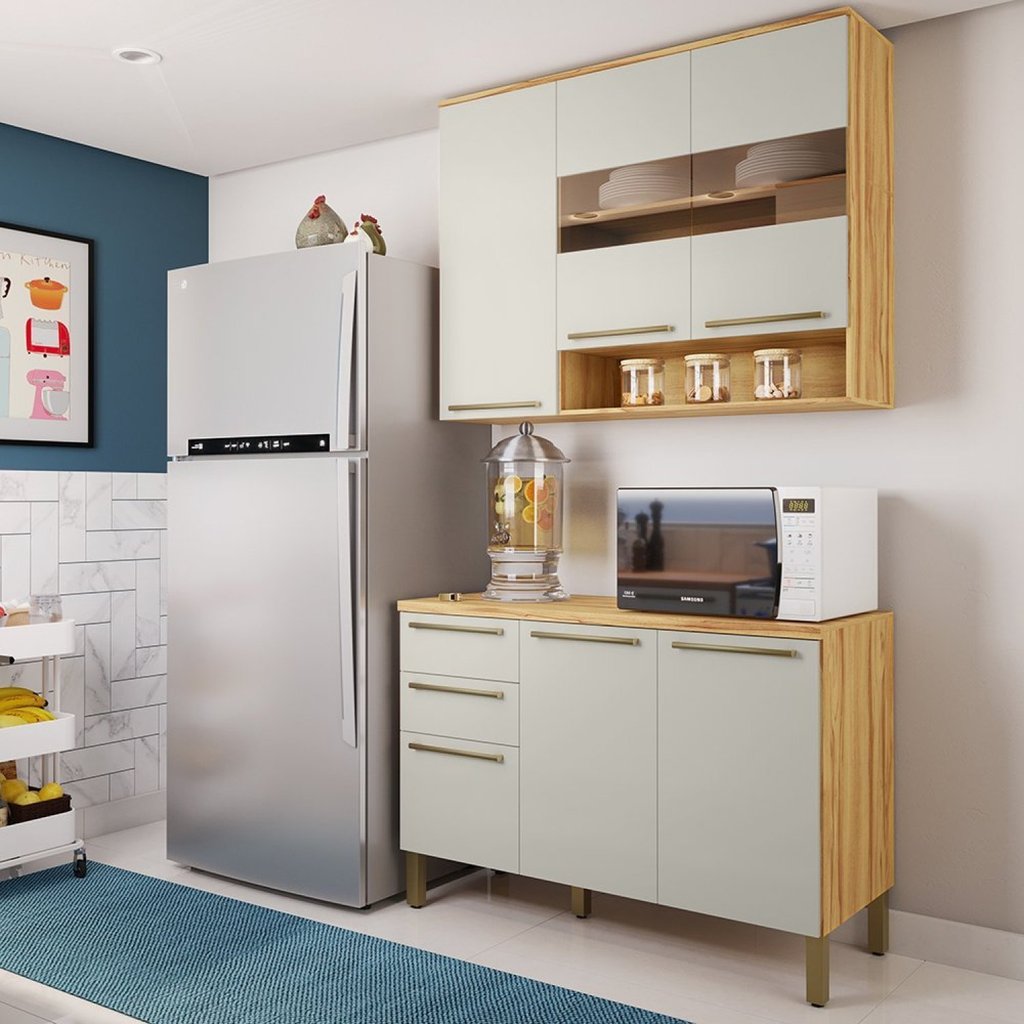 Cozinha Compacta 100% Mdf 2 Peças 6 Portas 2 Gavetas com Tampo e Vidro Itália Espresso Móveis Amêndoa/Off White em Oferta na Shopee