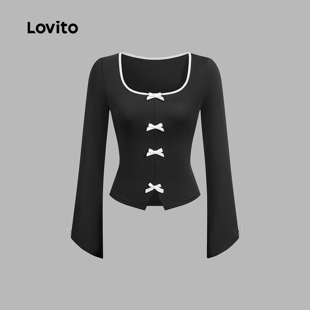 Lovito Camisa Casual com Laço Inverno/outono Camiseta Preta para Mulheres L156AD084