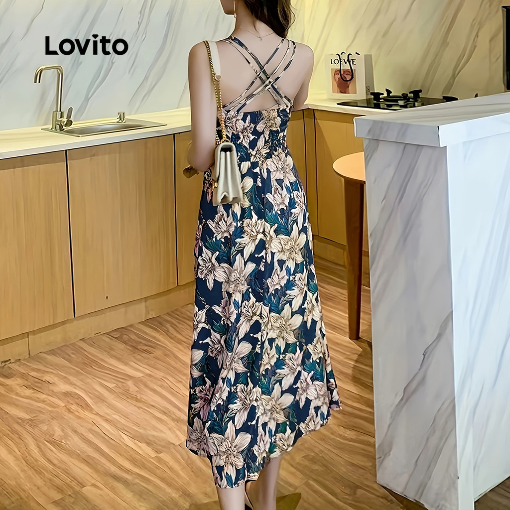 Detalhes do Lovito Vestido feminino com alças largas e barra plissada para primavera verão L138ED298