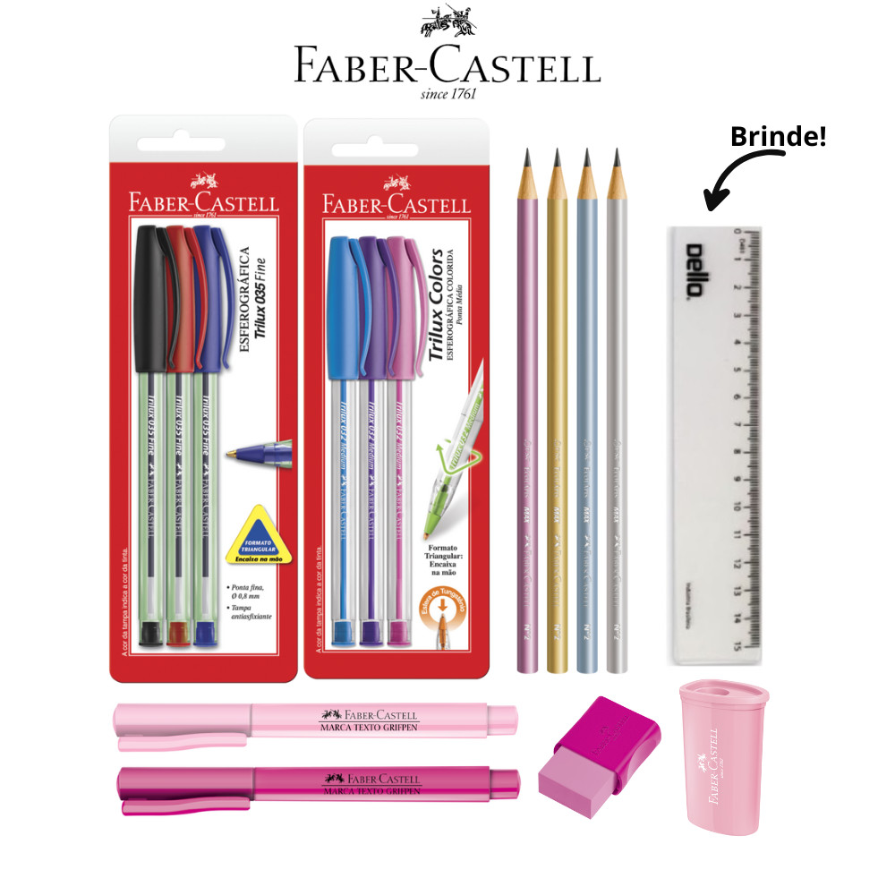Kit Material Escolar Volta às Aulas Faber Castell com Caneta Lápis Borracha Apontador e Marca Texto