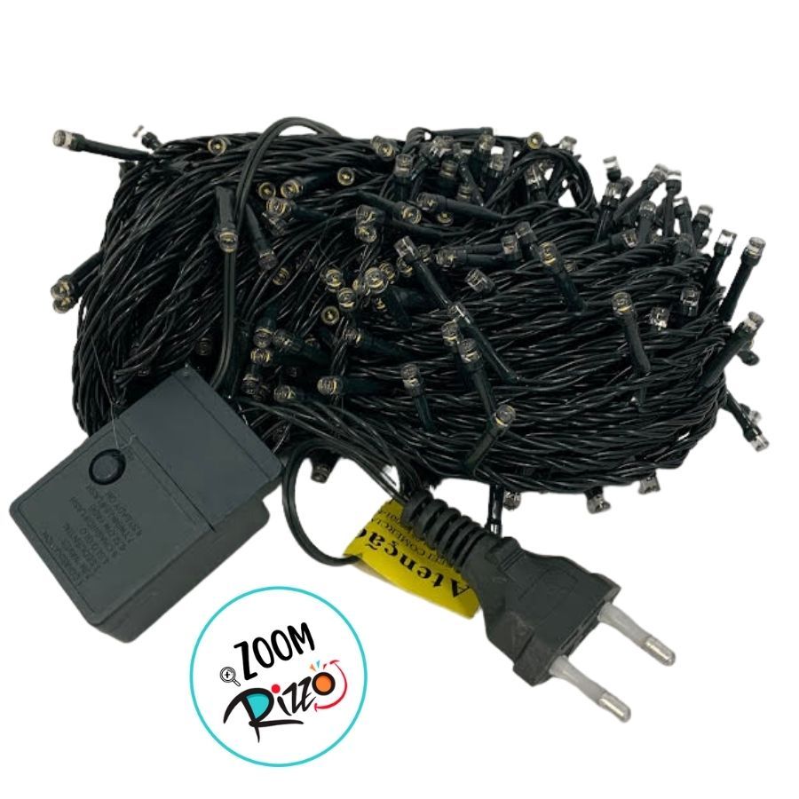 Detalhes do Cordão de LED Pisca Pisca Branco Quente com Fio Verde 300 Leds de 8 Funções - 30m - 1 unidade - Rizzo
