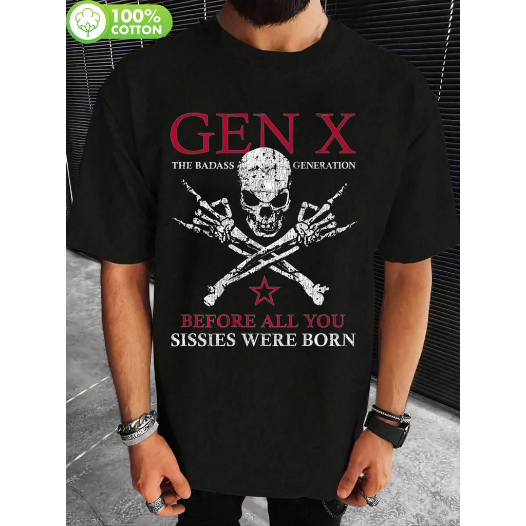 Camiseta Masculina Caveira Ossos Cruzados Gen X Geração Badass Frase Engraçada Estampada Confortável Estilosa