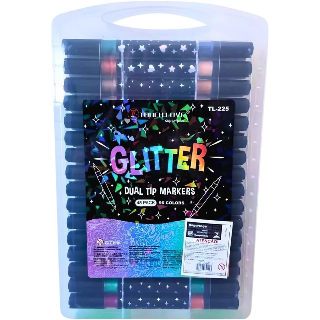 Conjunto 24 canetas 48 cores marcadores ponta dupla touch love glitter metálicas com maleta organizadora (24)