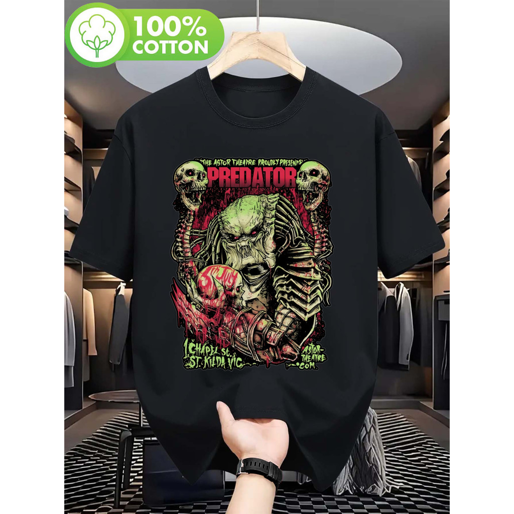 Camiseta Masculina Predator Caveira Corrente Estampada Cinza Verde Vermelho Confortável Esportiva Ousada Moda