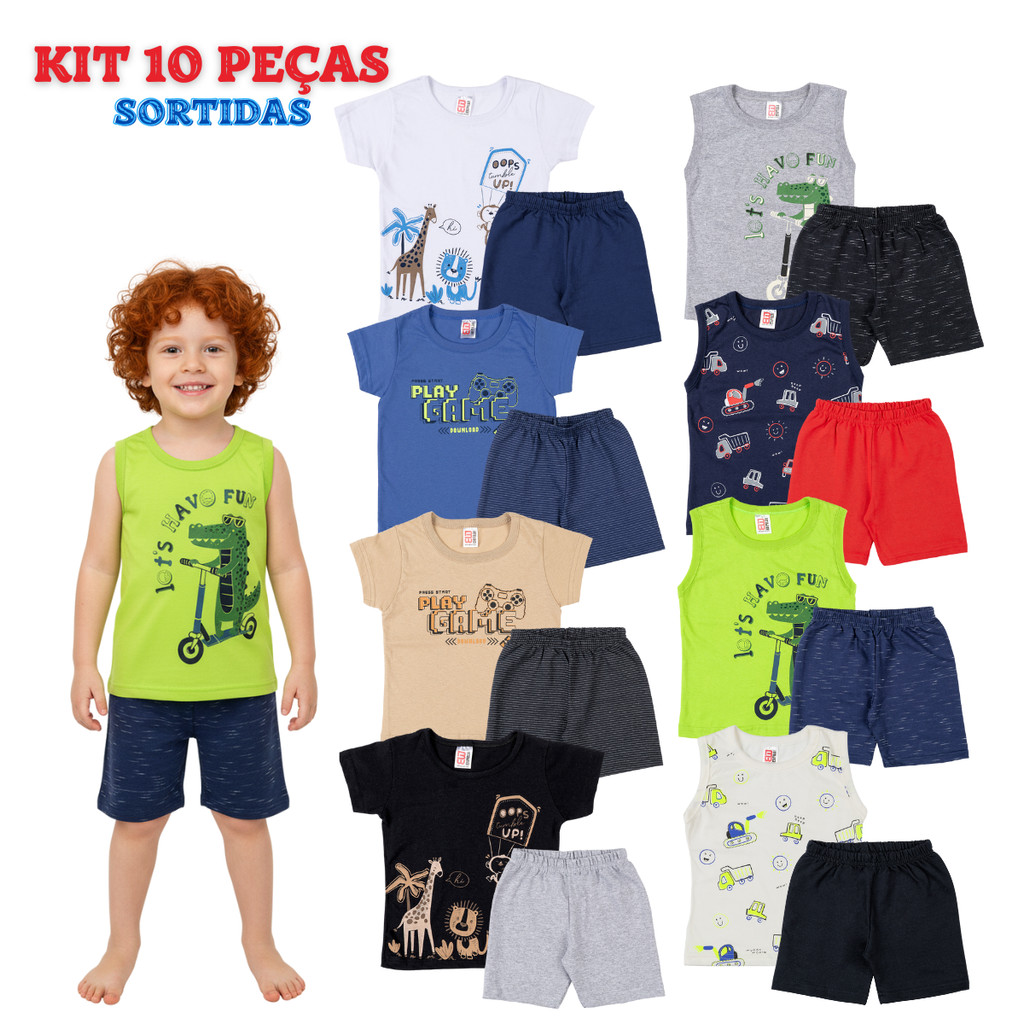 Roupa infantil menino regata camiseta e bermuda kit 5 conjuntos masculino estampados Natal