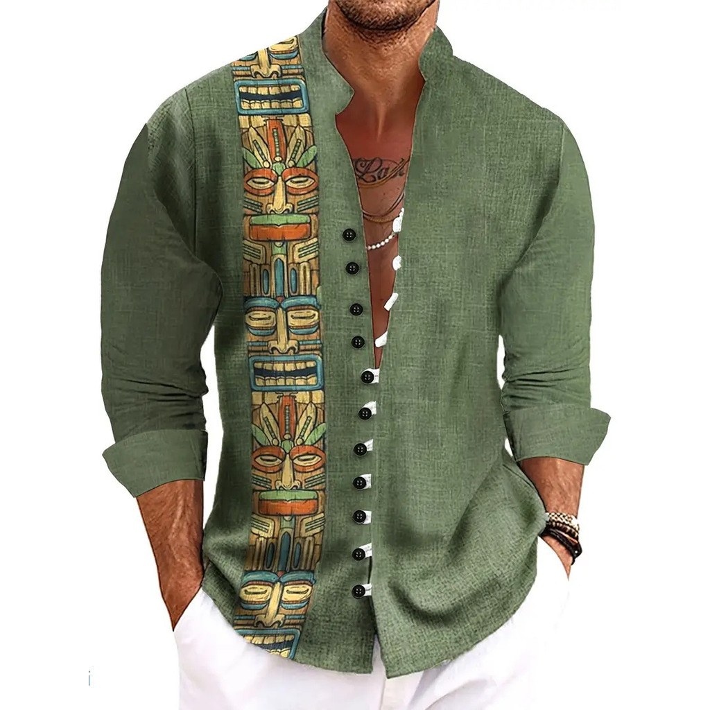 Nova Camisa Casual Retro Masculina Solta de Manga Longa, Camisa de Manga Longa Estilo Versátil Masculina VC3U