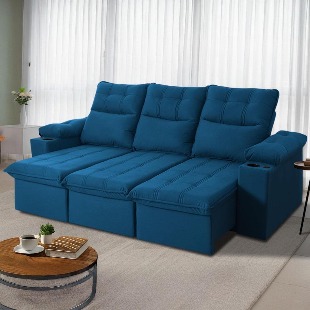 Sofá Retrátil Reclinável Verona USB + Porta Copo 2,30m Suede Velut Azul c/ Molas no Assento - King House