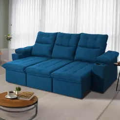 Sofá Retrátil Reclinável Verona USB + Porta Copo 2,30m Suede Velut Azul c/ Molas no Assento - King House