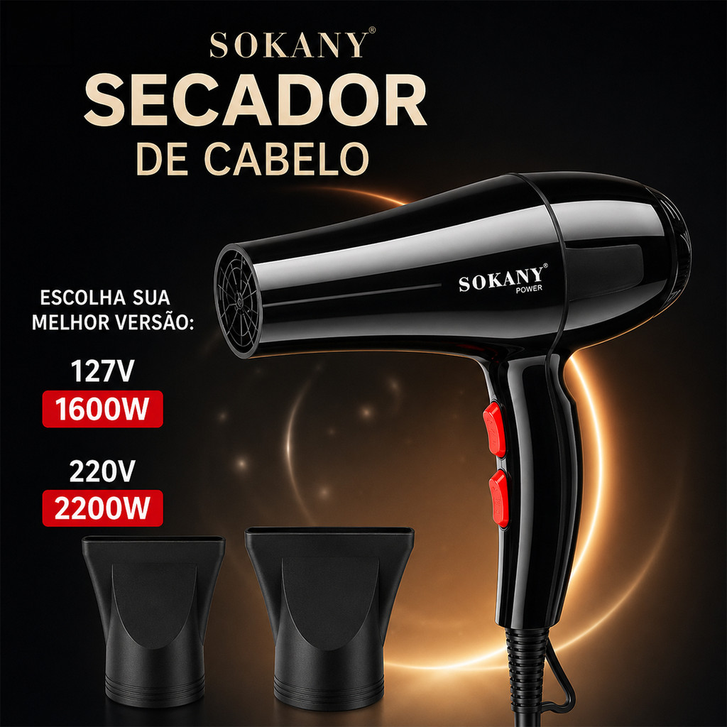 Secador de Cabelo Preto Potente com Controle de Temperatura