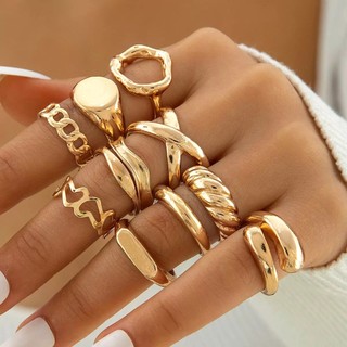 Conjunto 10 Peças Anéis Folheados a Ouro 18K Feminino - Ajustáveis, Estilo Empilhável Geo…