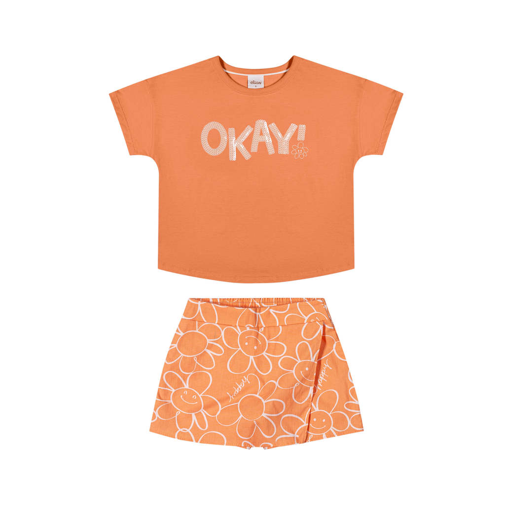 Conjunto Infantil Menina Blusa e Short Saia Floral Elian Laranja