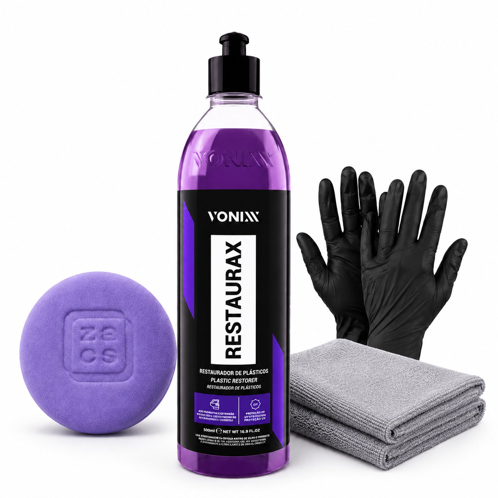 Kit Renovador de Plásticos Restaurax 240ml + Aplicador de Espuma + Luva + Microfibra