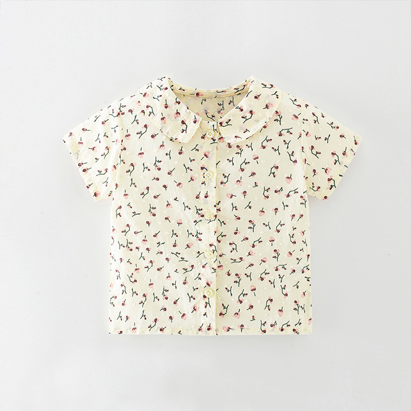Meninas camisa Floral 2026 verão novo estilo estilo fino respirável puro algodão bebê topo menina lapela camisa roupas i